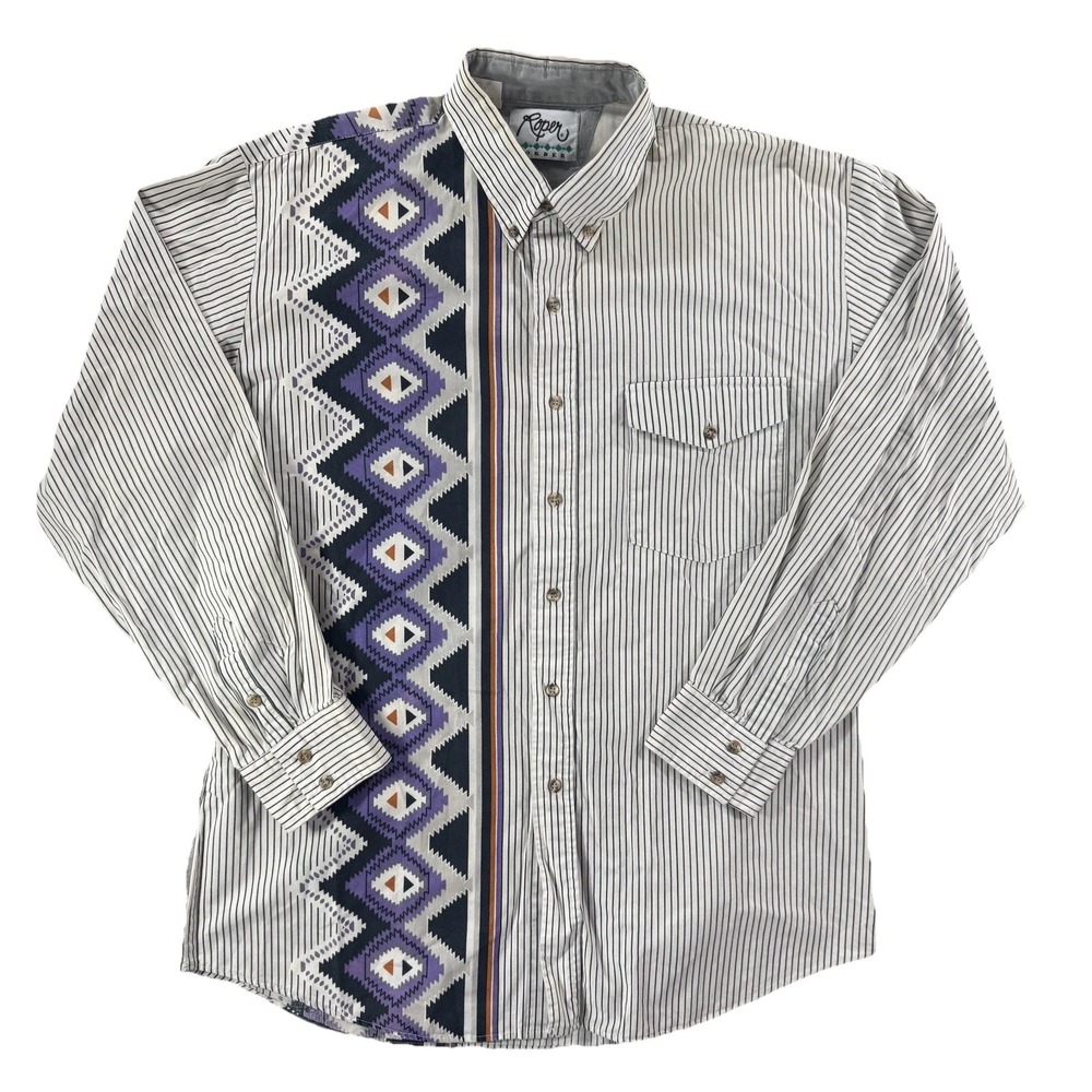 Vintage Roper Shirt Mens XL White Stripe Long Sleeve Western Border Aztec